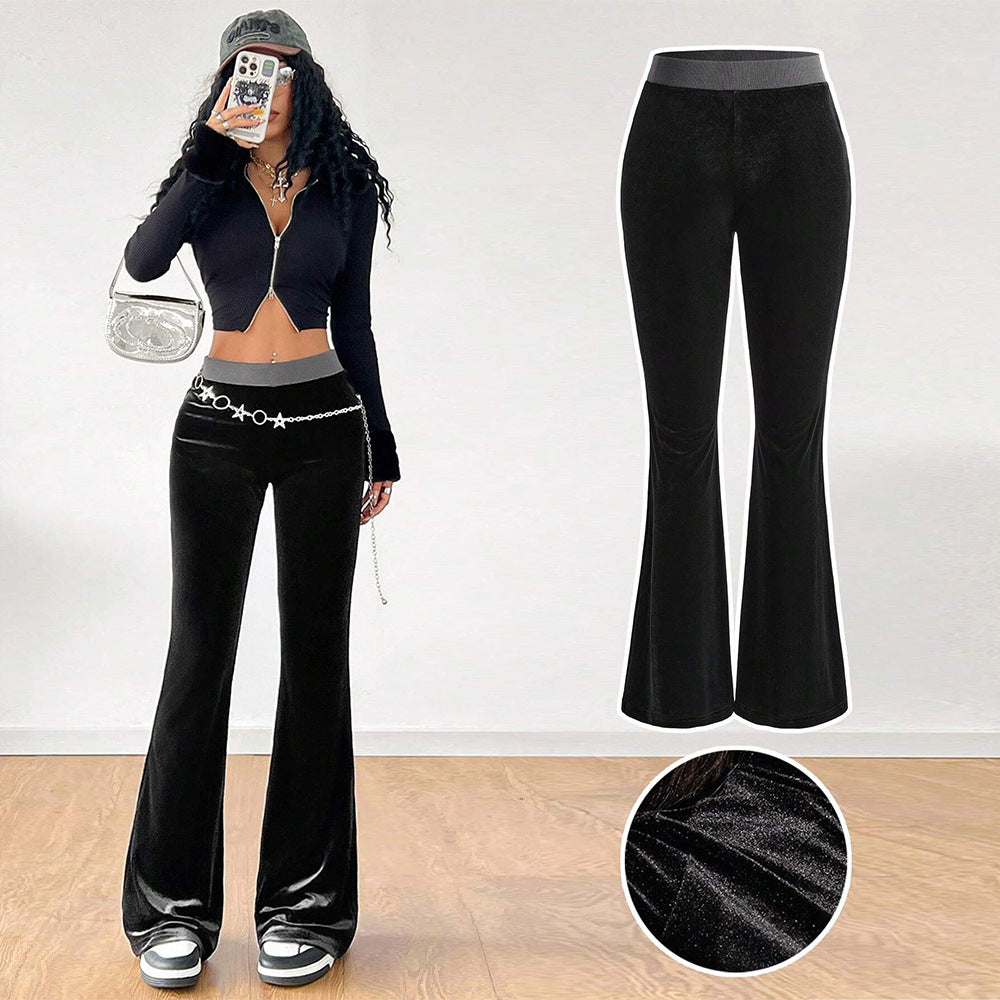 Women's Simple Korean Velvet Casual Pants High-Waisted Slim Fit Elastic Waist Wide-Leg Trousers For AutumnWinter