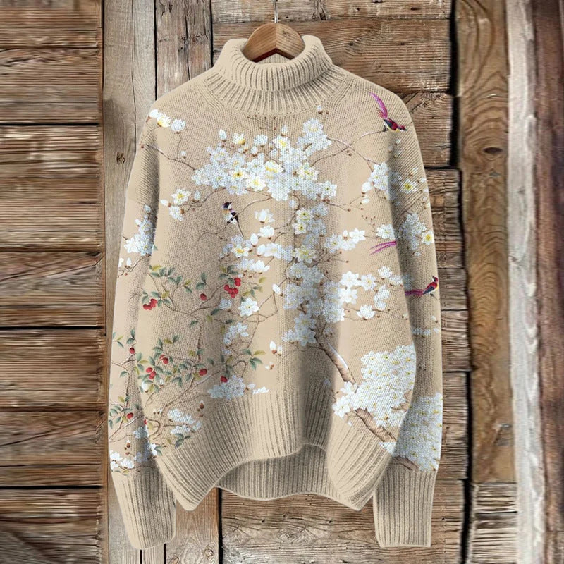 Womens Loose-fitting Semi-high-neck 3D Digital-print Polyester Top For Breathability