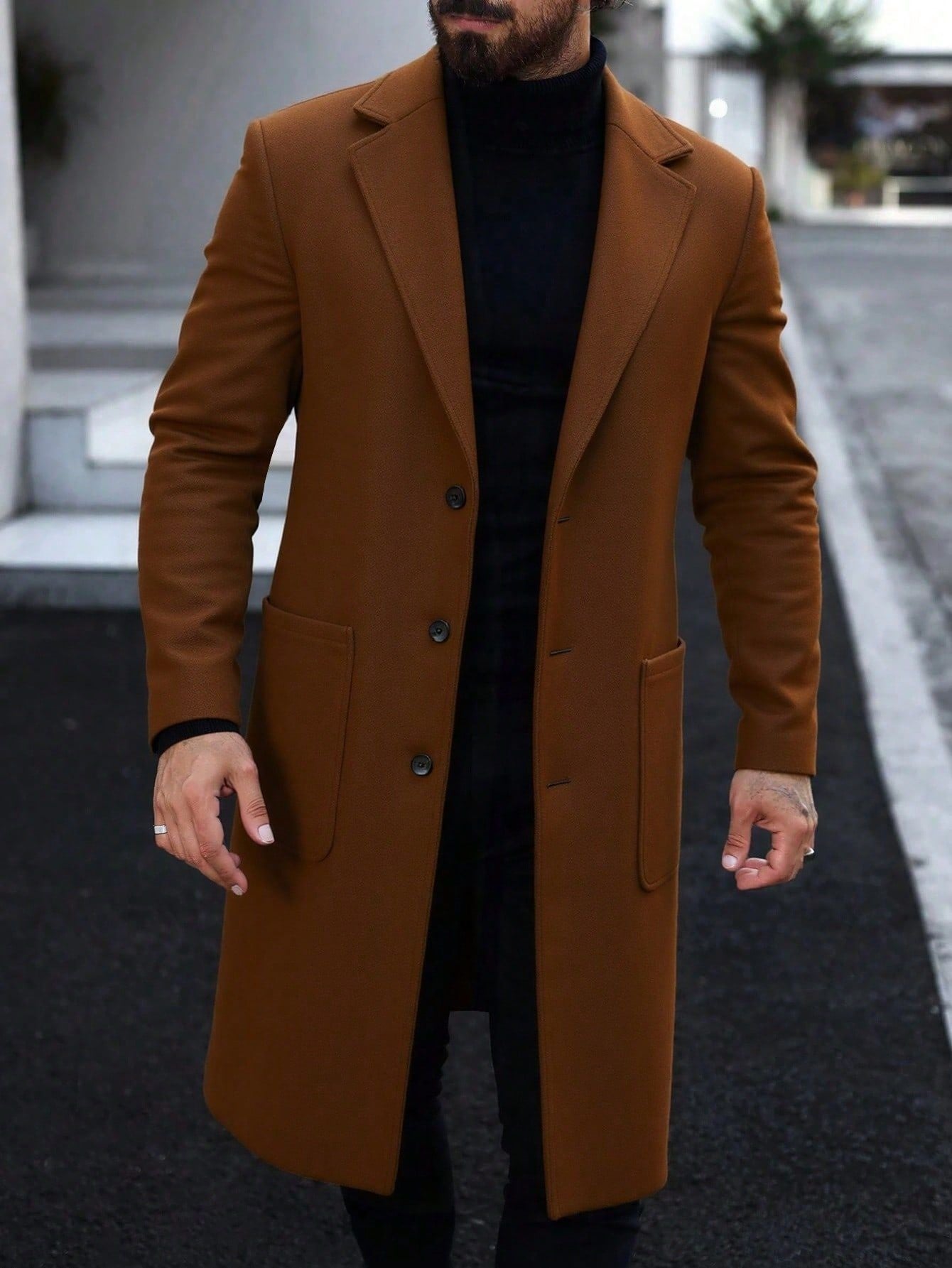 Mens Fashion Single-breasted Wool Trench Coat
