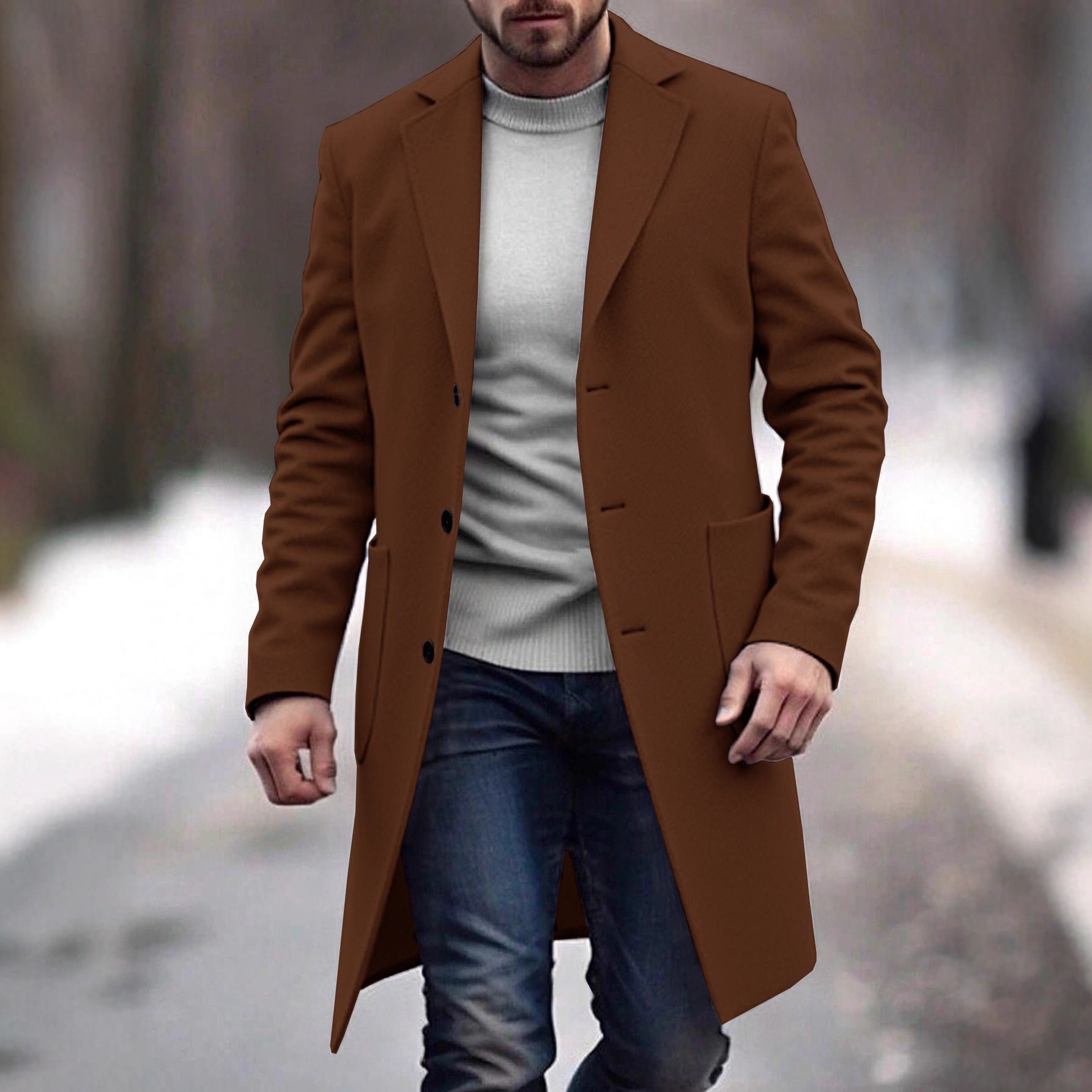 Mens Fashion Single-breasted Wool Trench Coat