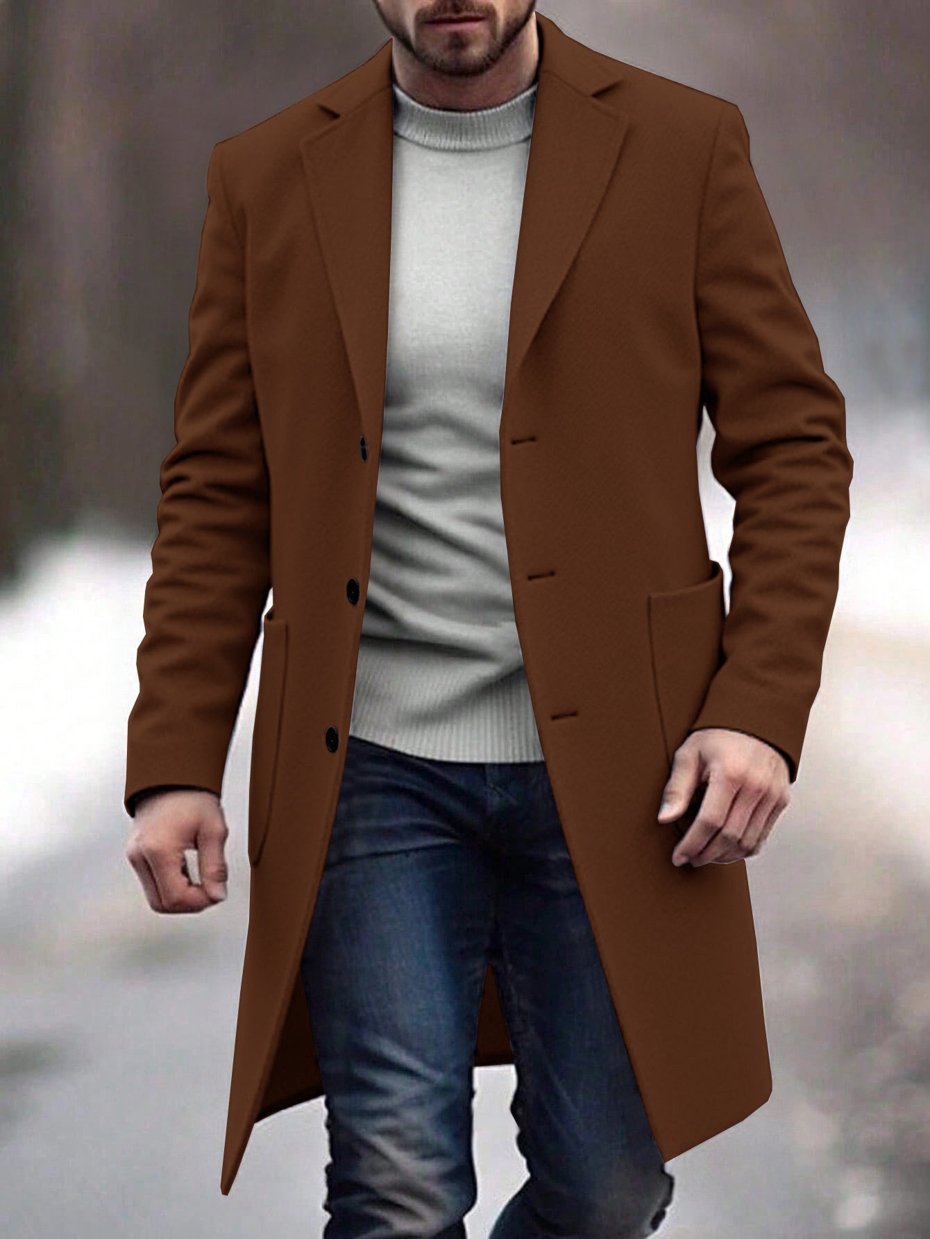 Mens Fashion Single-breasted Wool Trench Coat