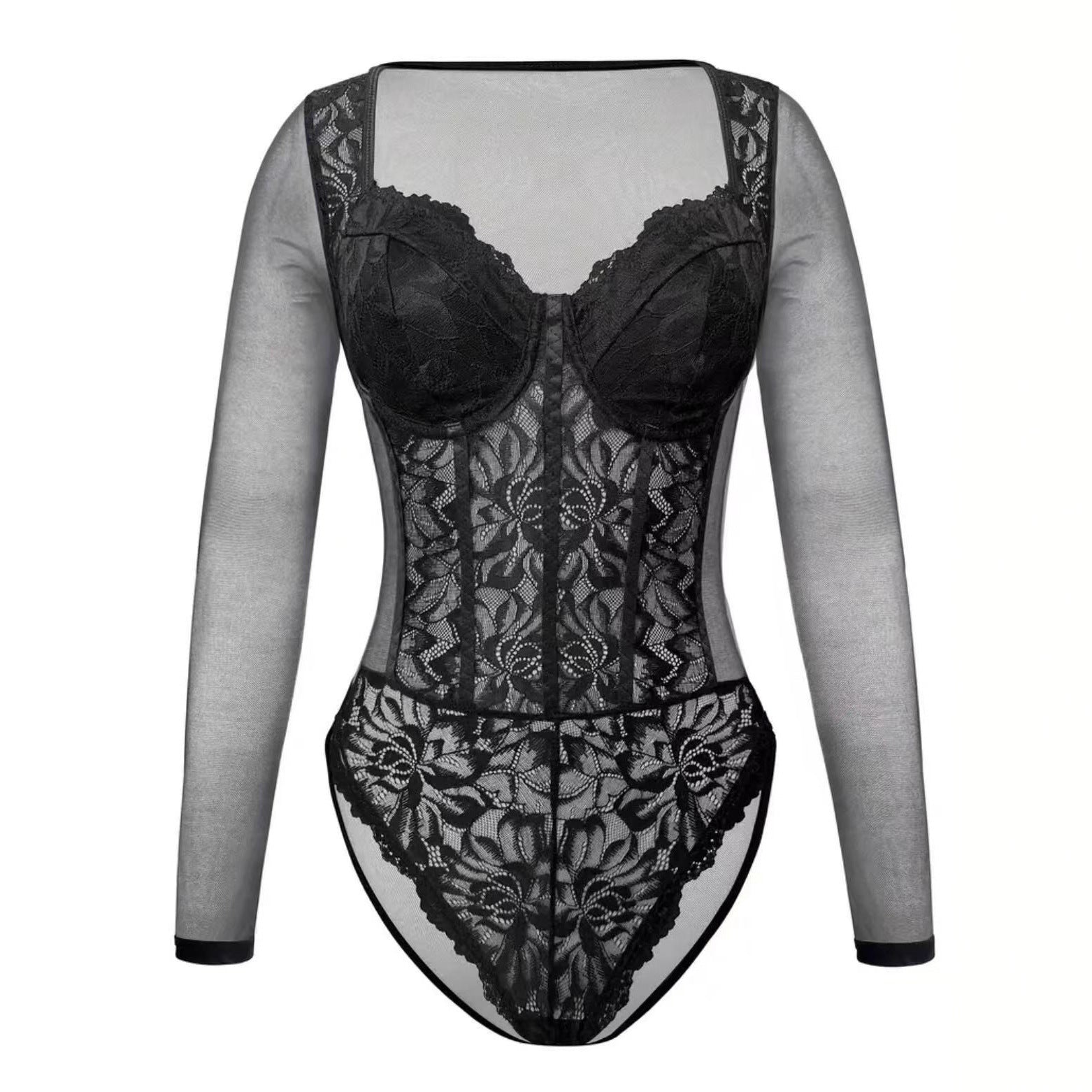 Womens Fashionable Lace Sexy Sheer Long-Sleeve Bodysuit