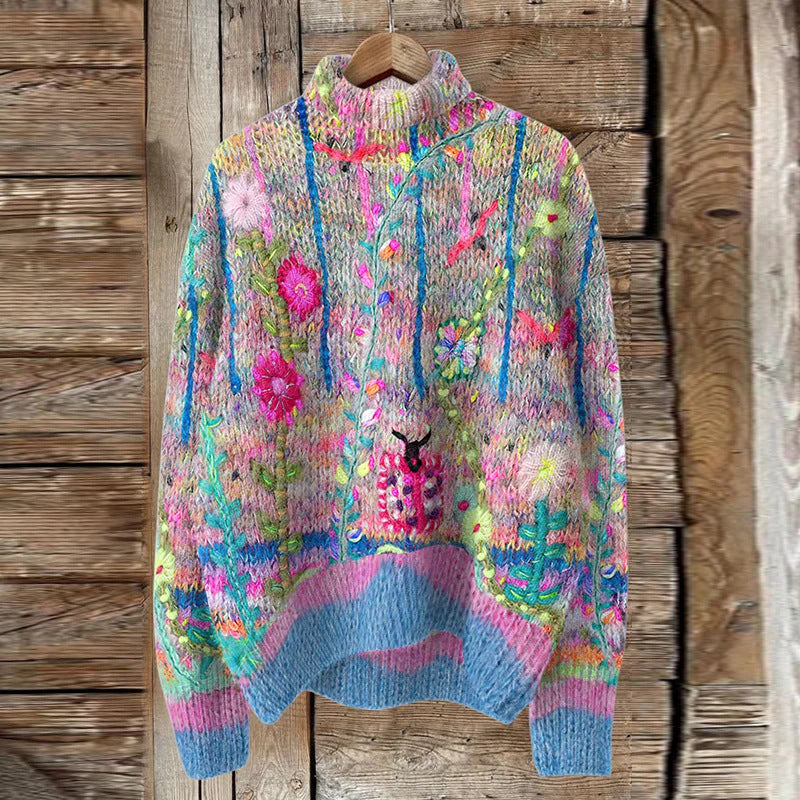 Womens Loose-fitting Semi-high-neck 3D Digital-print Polyester Top For Breathability