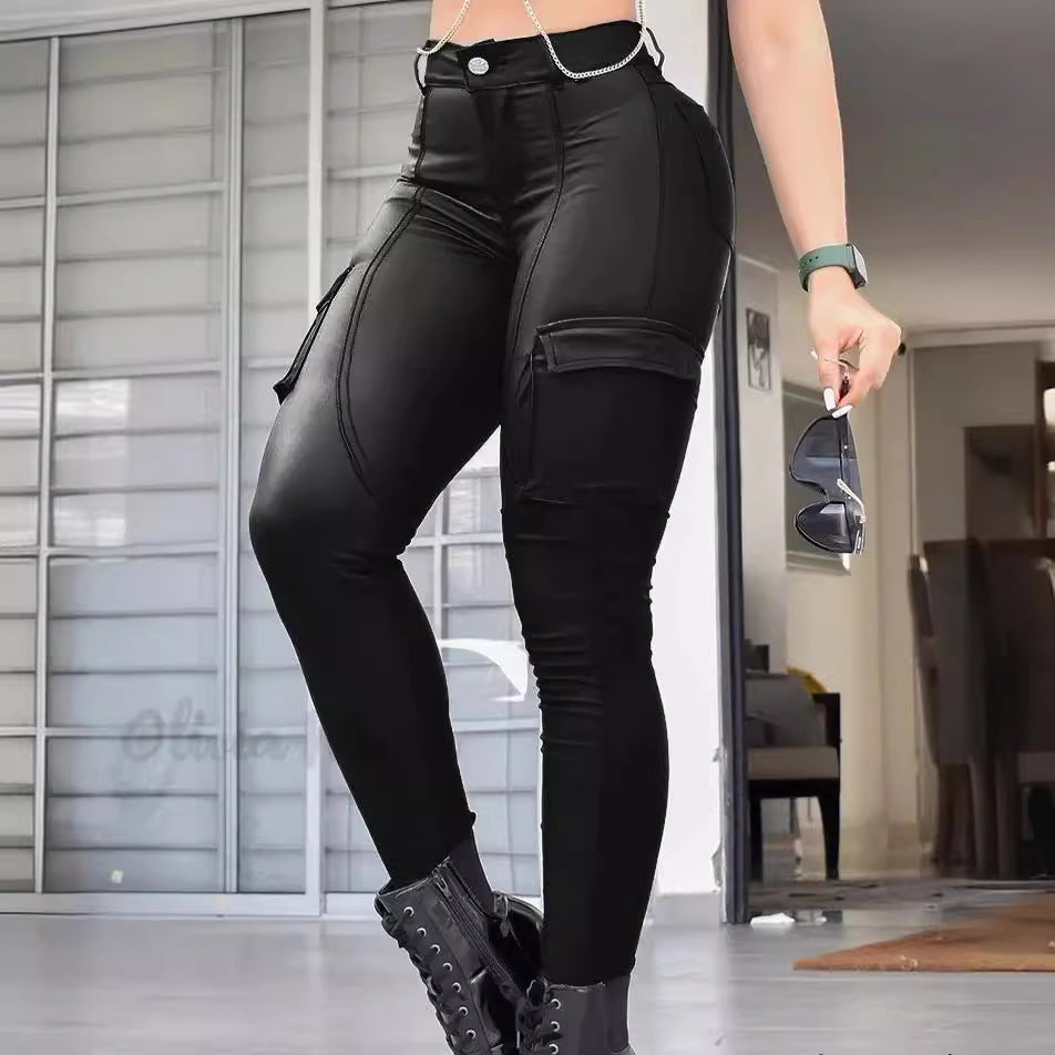 Fashionable Low-rise Long Leather Pants With Pockets